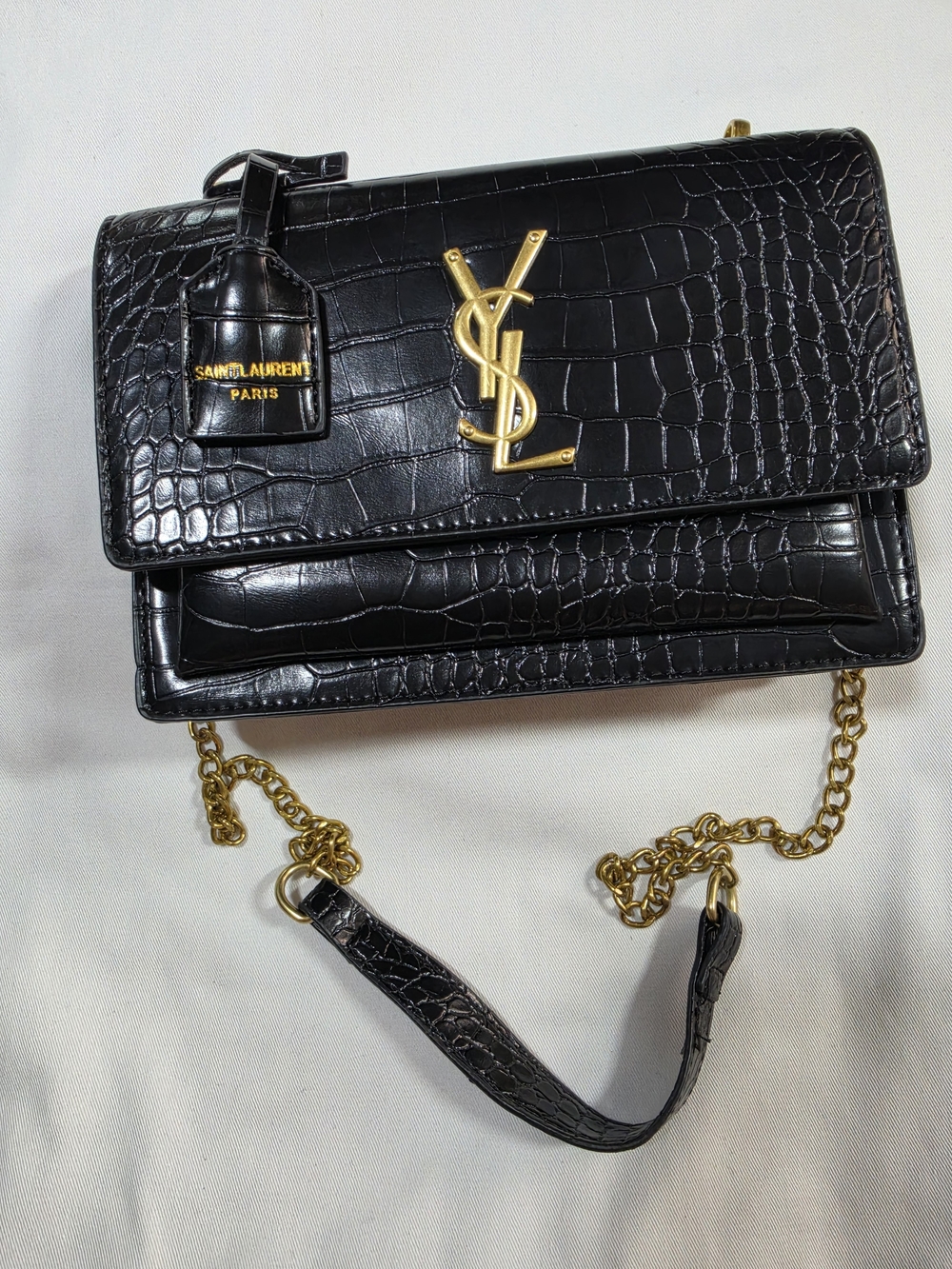 Black Croc-Embossed Shoulder Bag